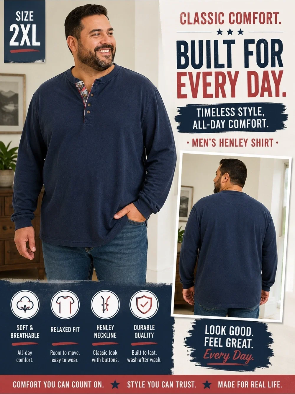 GOSI Men's Navy Henley Long-Sleeve Shirt - Classic Comfort 2XL